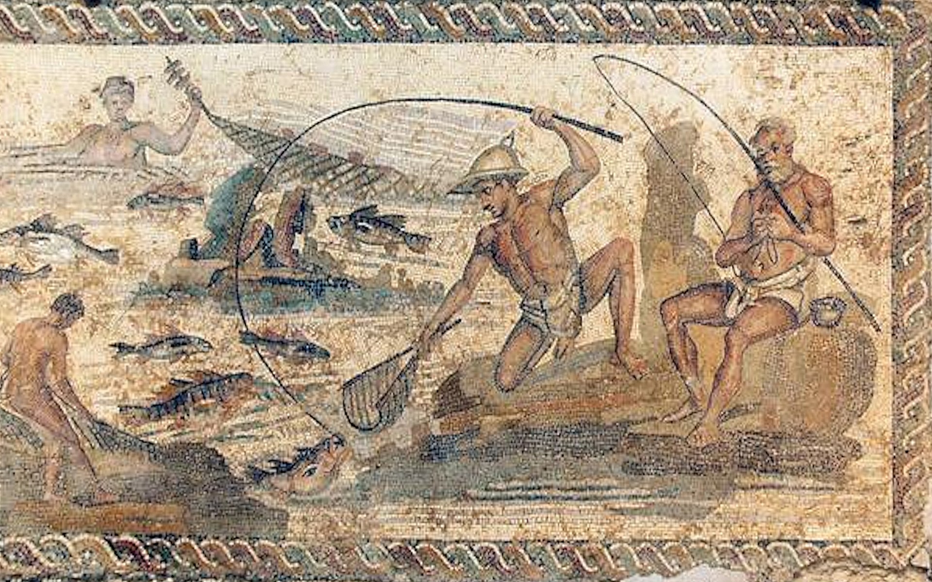 More details Angling in the 1st century CE. Villa of the Nile Mosaic, Lepcis Magna, Tripoli National Museum.
